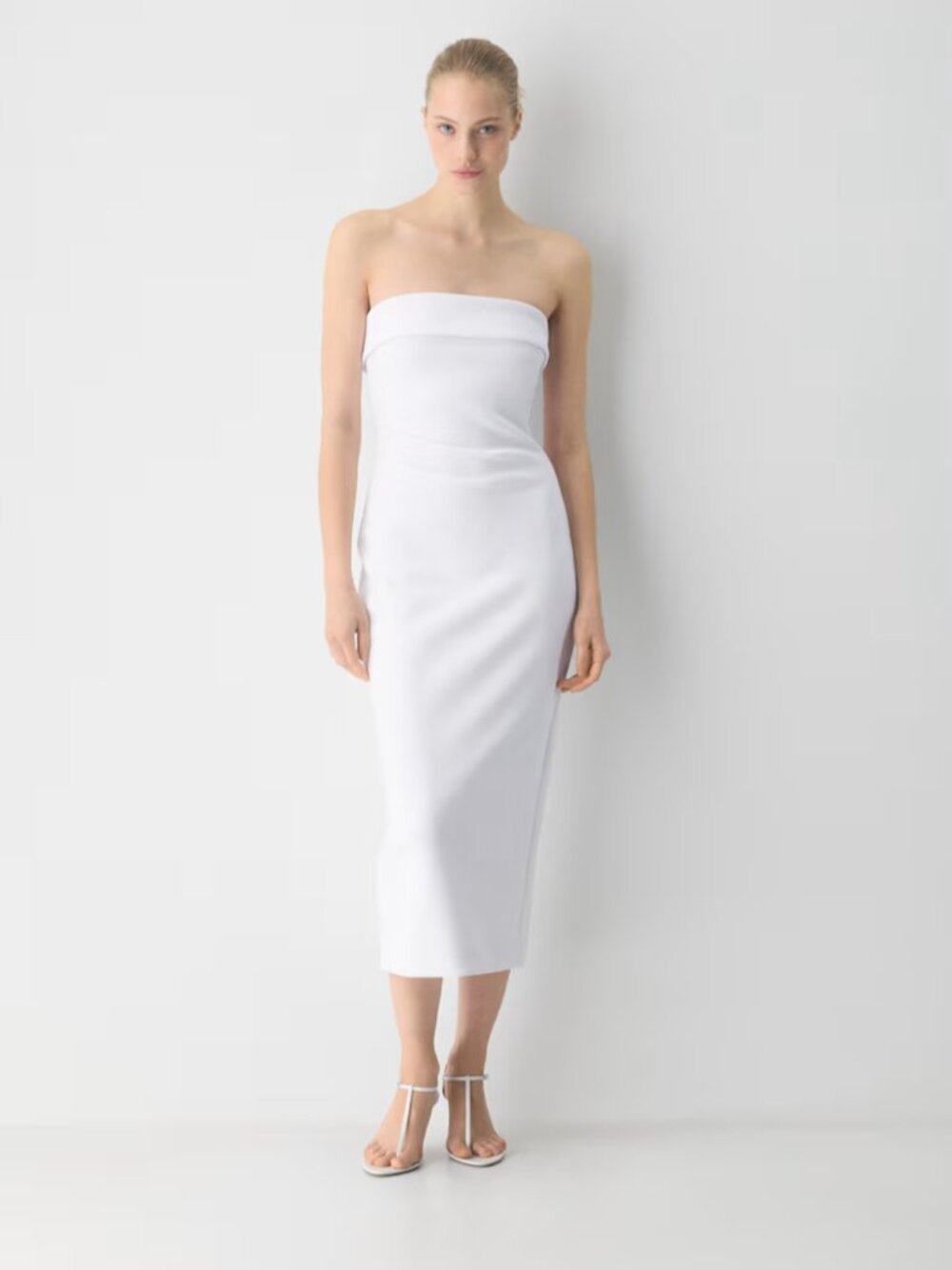 Babaton Strapless White Fitted Midi Dress
